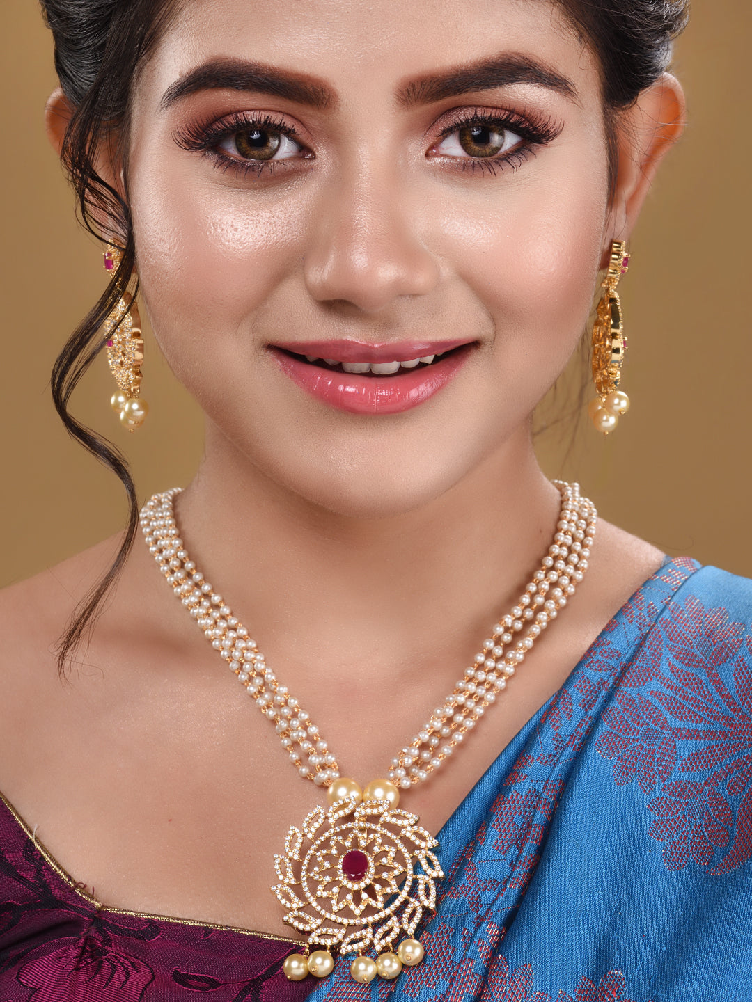 Gold Plated Multi AD Studded & Pearl Beaded traditional Pendant Jewellery Set